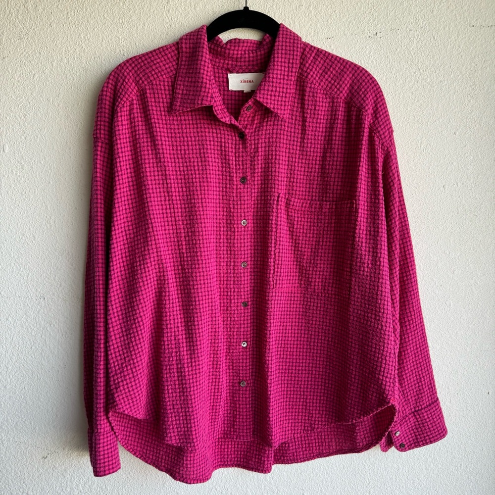 Xirena Fuchsia Pink Check Button Front Long Sleev… - image 1
